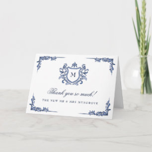 Cartão De Agradecimento Crest Monograma Desenhado à Mão Azul Casamento Vin