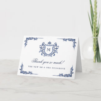 Cartão De Agradecimento Crest Monograma Desenhado à Mão Azul Casamento Vin