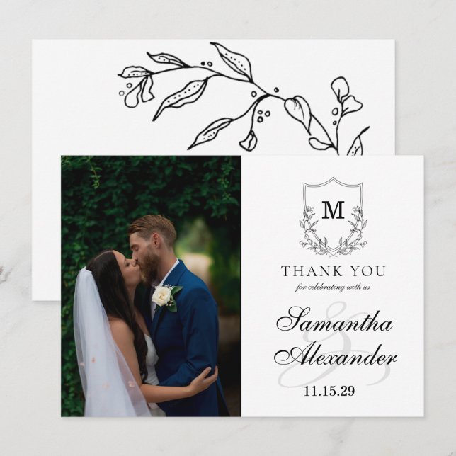 Cartão De Agradecimento Crest Preto e Branco Elegante (Frente/Verso)