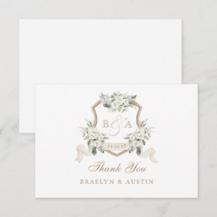 Cartão De Agradecimento Crest Verde De Casamento De Sábado Branco Elegante