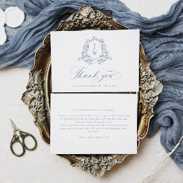 Cartão De Agradecimento Crestão de Monograma Tradicional Azul Casamento El