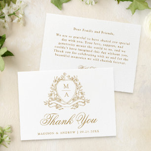 Cartão De Agradecimento Crestas Florais Elegantes em Ouro para Casamento c