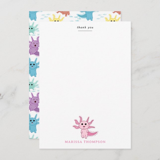 Cartão De Agradecimento Crianças Axolotl Crianças Salamandra Fofa Menina (Frente/Verso)