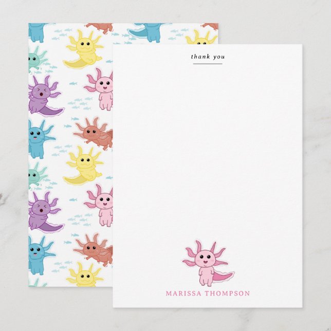 Cartão De Agradecimento Crianças Axolotl Crianças Salamandra Menina Fofa (Frente/Verso)