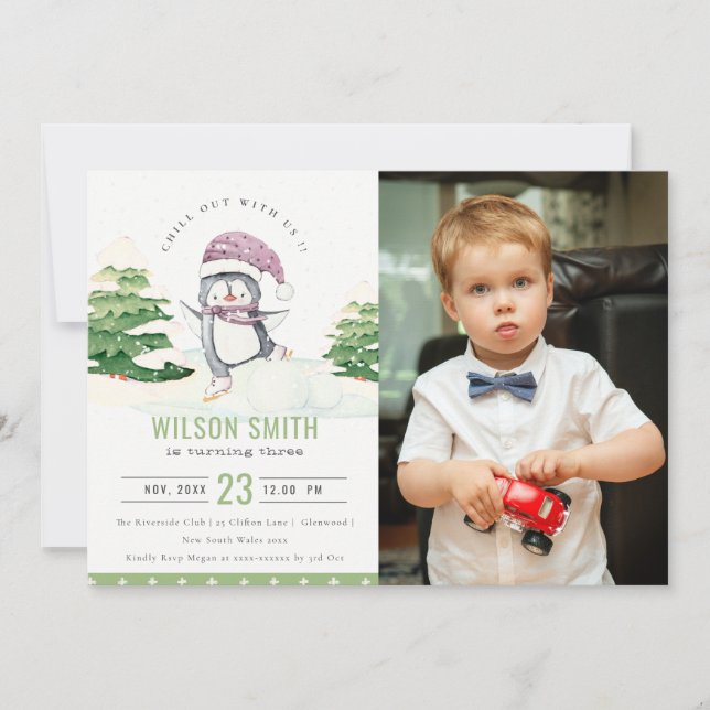 Cartão De Agradecimento Crianças de Pinguim de inverno Foto de qualquer Co (Frente)