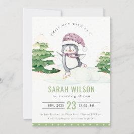 Cartão De Agradecimento Crianças de Pinguim Inverno Qualquer Idade Convida