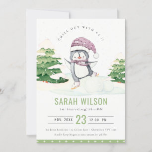 Cartão De Agradecimento Crianças de Pinguim Inverno Qualquer Idade Convida