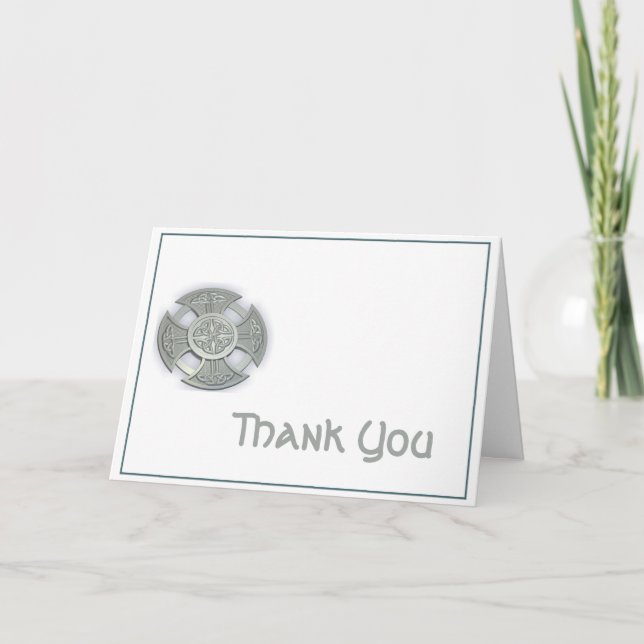 Cartão De Agradecimento Cruz Celta em Prata e Branco Obrigado (Frente)