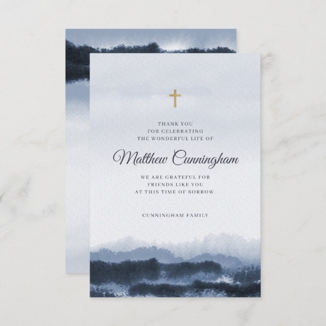 Cartão De Agradecimento Cruz de Aquarela Moderna Elegante Escura Memorial (Frente/Verso)