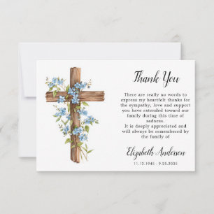 Cartão De Agradecimento Cruz de Madeira Flor Forget Me Nó Simpatia Funeral