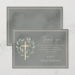 Cartão De Agradecimento Cruz de Ouro Elegante com Folhas para Funeral