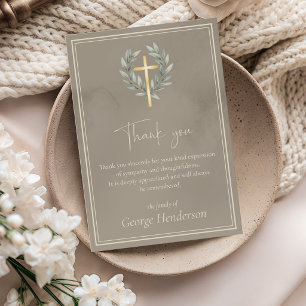 Cartão De Agradecimento Cruz de Ouro Elegante com Folhas para Funeral