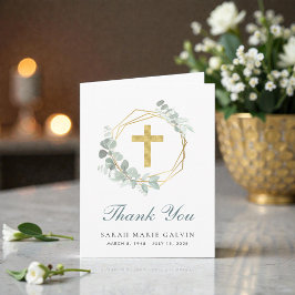 Cartão De Agradecimento Cruz de Ouro Elegante Funeral de Eucalipto
