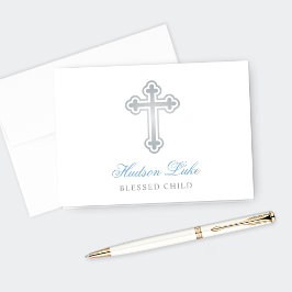 Cartão De Agradecimento Cruz de Prata Bebê Menino Batismo Azul Personaliza