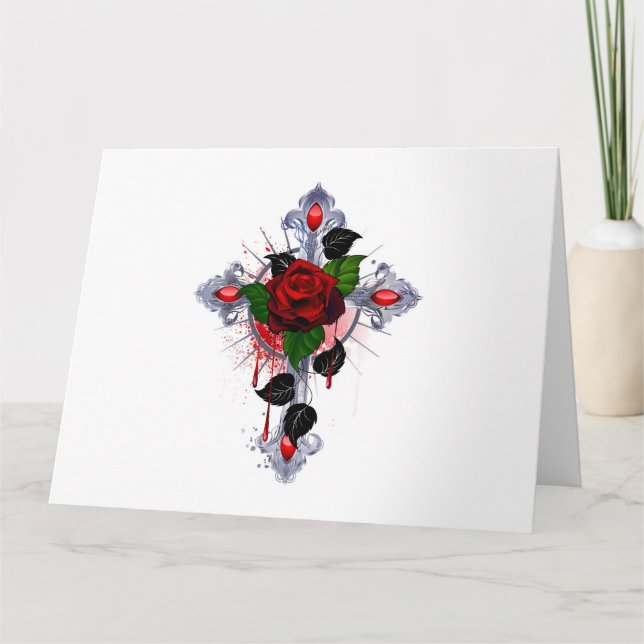 Cartão De Agradecimento Cruz de Prata com Rosa vermelha (Frente)