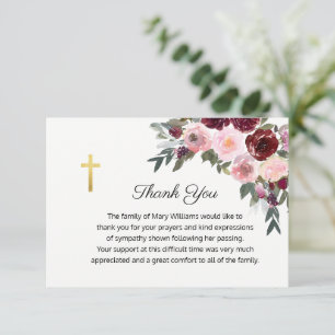 Cartão De Agradecimento Cruz Floral Burgundy Memorial Religioso Funeral