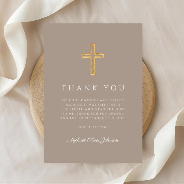Cartão De Agradecimento Cruz Religiosa Moderna Taupe Menino Confirmação (Modern Taupe Religious Cross Boy Confirmation Thank You Card)