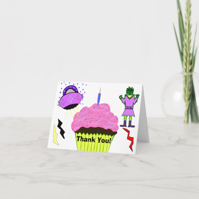 Cartão De Agradecimento Cupcake de espaçador rosa verde-robô (Frente)