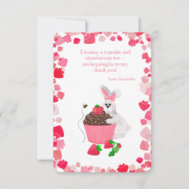 Cartão De Agradecimento Cupcake de Morango com Abraço de Coelhinho Fofo de