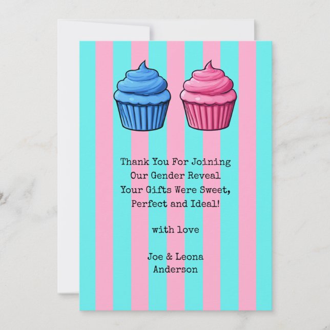 Cartão De Agradecimento Cupcake Gênero Revelar Azul e Rosa (Frente)