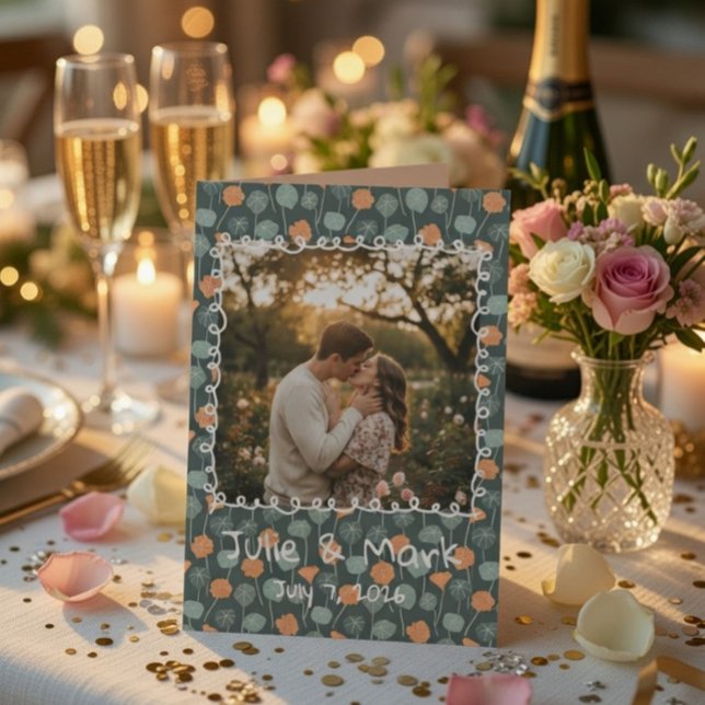 Cartão De Agradecimento Custom Floral Doodle Photo Engagement Thank You  (Criador carregado)