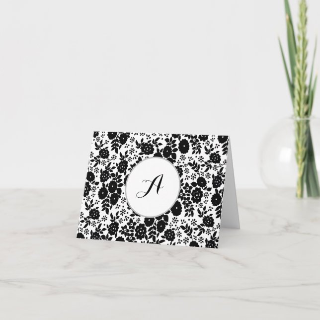 Cartão De Agradecimento Custom Monogram Flower Pattern Black and White (Frente)