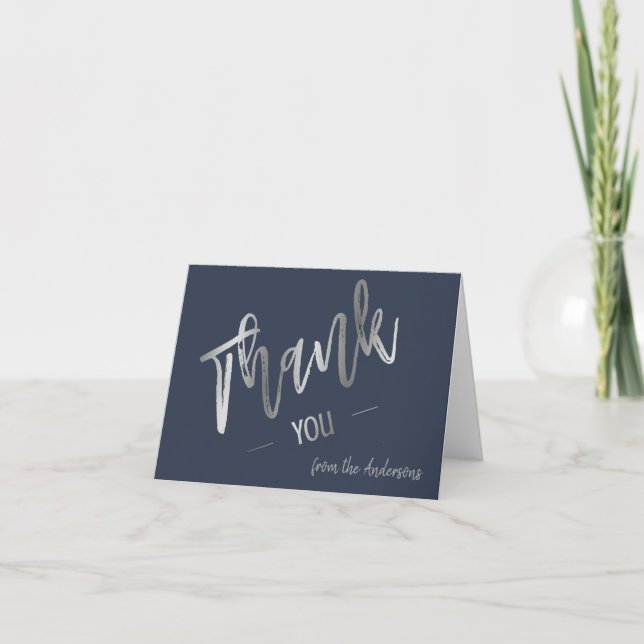 Cartão De Agradecimento Custom Navy Blue Simple Script Silver Thank You (Frente)
