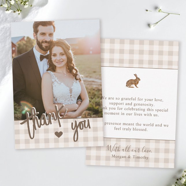 Cartão De Agradecimento Custom Photo Rustic Beige Gingham And Hare Wedding (Criador carregado)