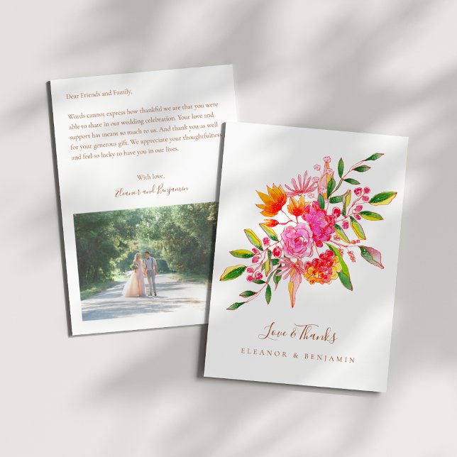 Cartão De Agradecimento Custom Preprinted Pink Orange Floral Photo Wedding (Criador carregado)