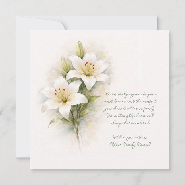 Cartão De Agradecimento Customizable Funeral White Lily Thank You Card (Frente)