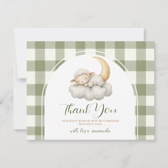 Cartão De Agradecimento Cute A little lamb baby shower Sage Green Gingham (Frente)
