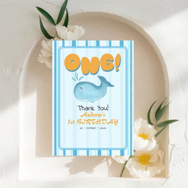 Cartão De Agradecimento Cute Baby Blue Whale 1st Birthday Stripes (Criador carregado)