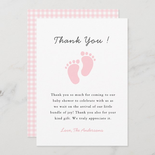 Cartão De Agradecimento Cute Baby footprint  Baby girl shower (Frente/Verso)