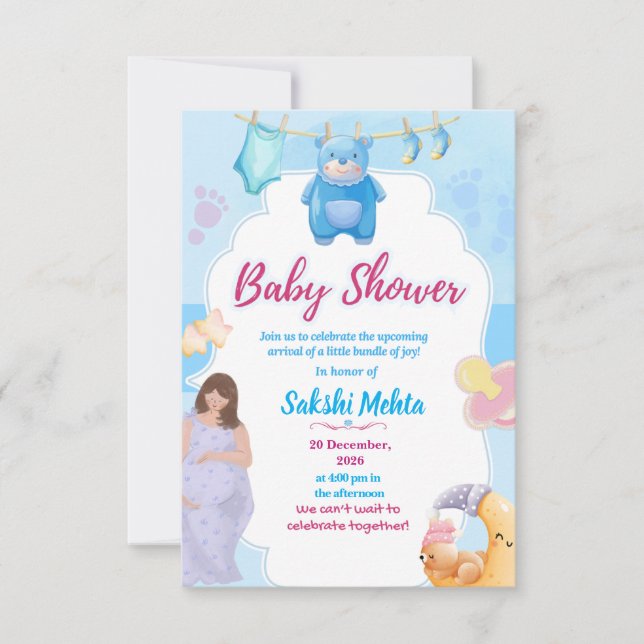 Cartão De Agradecimento Cute Blue Baby Shower Invitation (Frente)