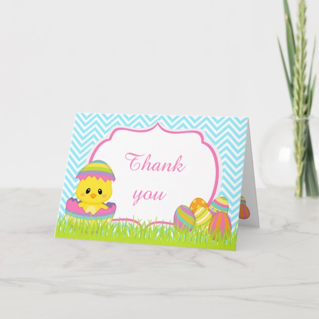 Cartão De Agradecimento Cute Blue Chevrons Easter Chick Easter Egg Hunt (Frente)