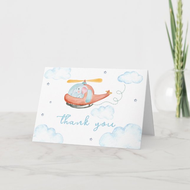 Cartão De Agradecimento Cute Blue Elephant Helicopter Baby Shower (Frente)