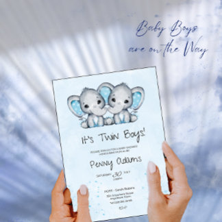 Cartão De Agradecimento Cute Blue Elephant Twins Baby Shower Invitation