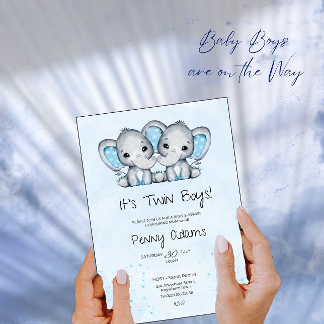 Cartão De Agradecimento Cute Blue Elephant Twins Baby Shower Invitation (Criador carregado)