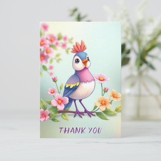 Cartão De Agradecimento Cute Blue Pink Bird Floral Thank You Card (Em pé/Frente)