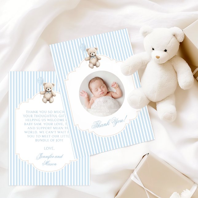 Cartão De Agradecimento Cute Blue Teddy Bear Baby Boy Shower Photo (Criador carregado)