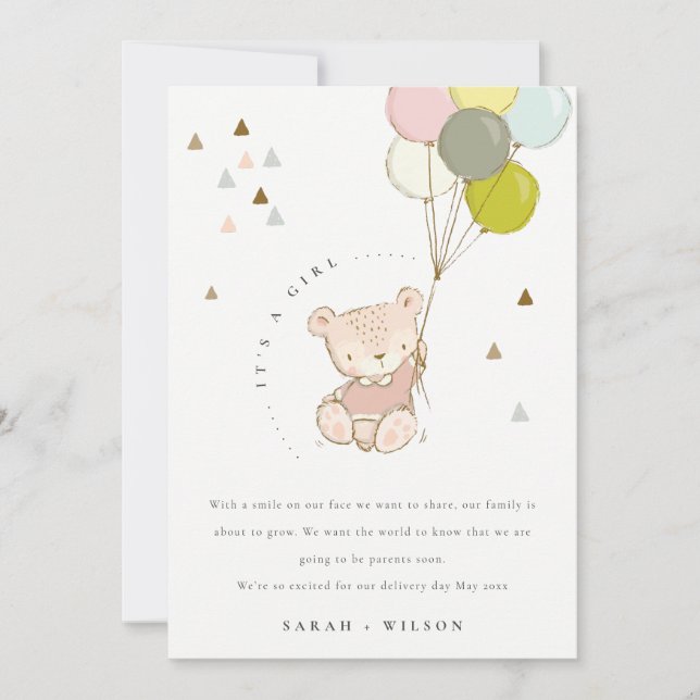 Cartão De Agradecimento Cute Blush Bear Balloon Baby Announcement Card (Frente)