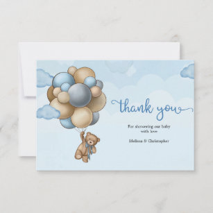 Cartão De Agradecimento Cute Boy teddy urso castanho bege branco balões br
