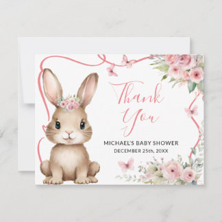 Cartão De Agradecimento Cute Bunny Baby Shower Girl Pink Floral