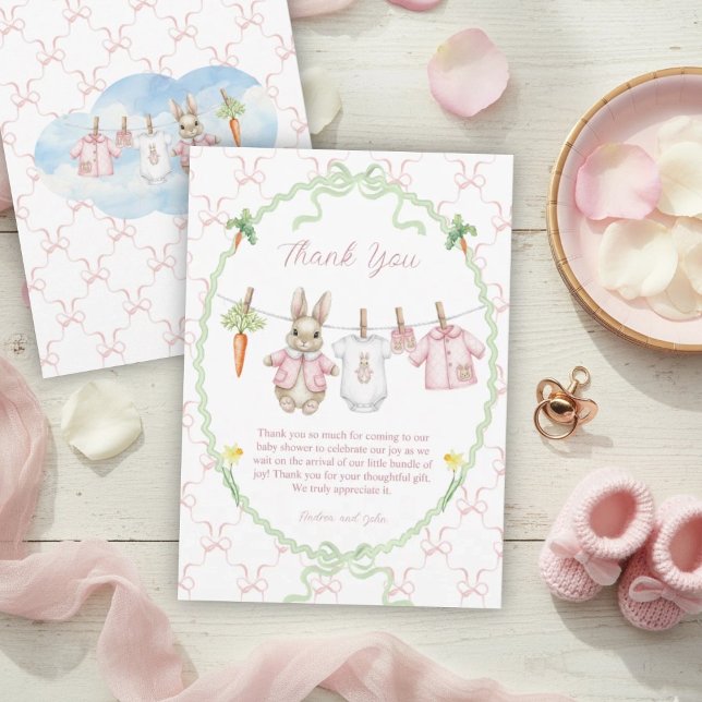 Cartão De Agradecimento Cute Bunny Rabbit Girl Clothesline Baby Shower (Criador carregado)