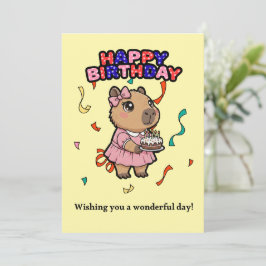 Cartão De Agradecimento Cute Capybara Birthday Card - Pink Dress & Cake