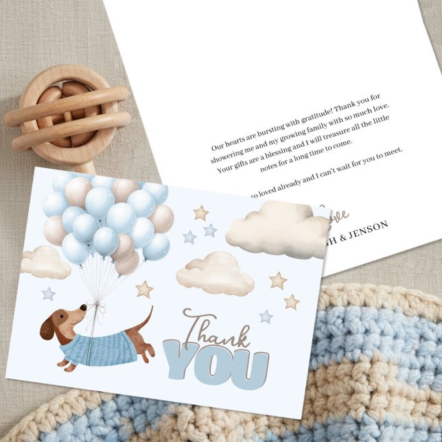 Cartão De Agradecimento Cute Dachshund and Balloons Boy Baby Shower (Baby Shower Thank You cards. Dachshund and balloons design in blue and beige)