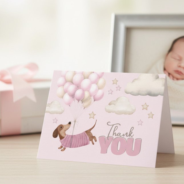 Cartão De Agradecimento Cute Dachshund and Balloons Girl Baby Shower (Dachshund Teenie Weenie Thank you card - Girl Baby Shower stationery.)
