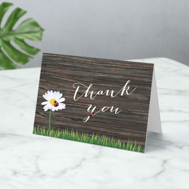 Cartão De Agradecimento Cute Daisy & Ladybugs Wood Background Thank You (Criador carregado)