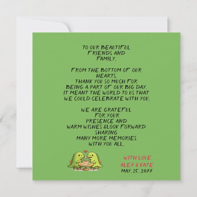 Cartão De Agradecimento Cute Dinosaur Couple Wedding Thank You Card (Verso)