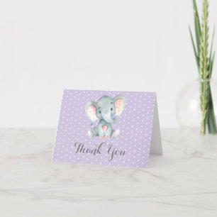 Cartão De Agradecimento Cute Elephant Baby Girl Purple and Gray